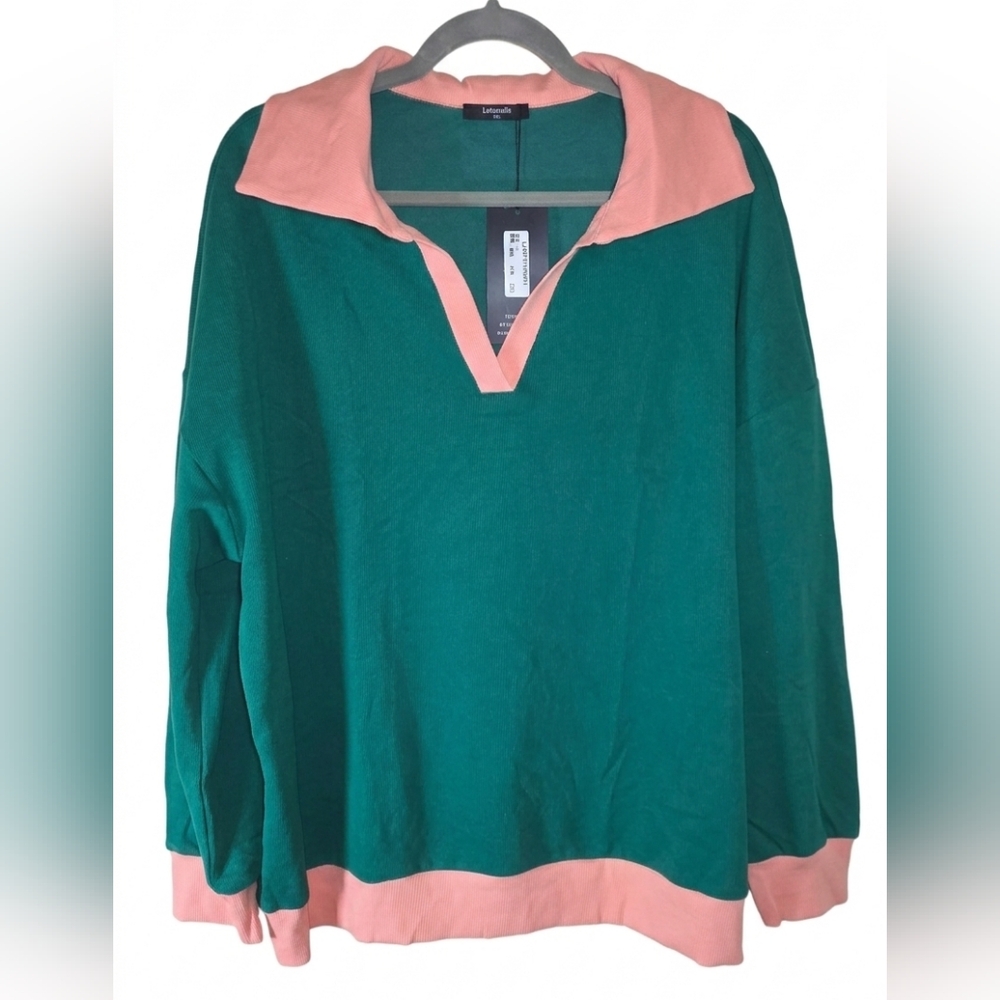 Preppy Color Block Pullover‎ Long Sleeve Lapel V Neck Lightweight XXL
